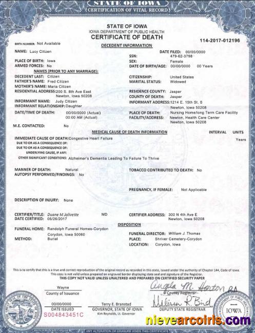 USA Iowa state death certificate